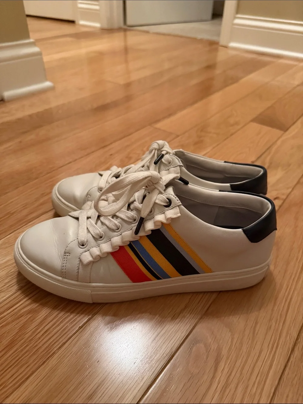 Tory Burch White Leather Sneakers with Red, Blue & Yellow Stripes